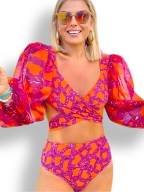 Wrap Puff Sleeve Swim Top Hot Pink & Orange Bikini Swimsuit High Waist Bottoms